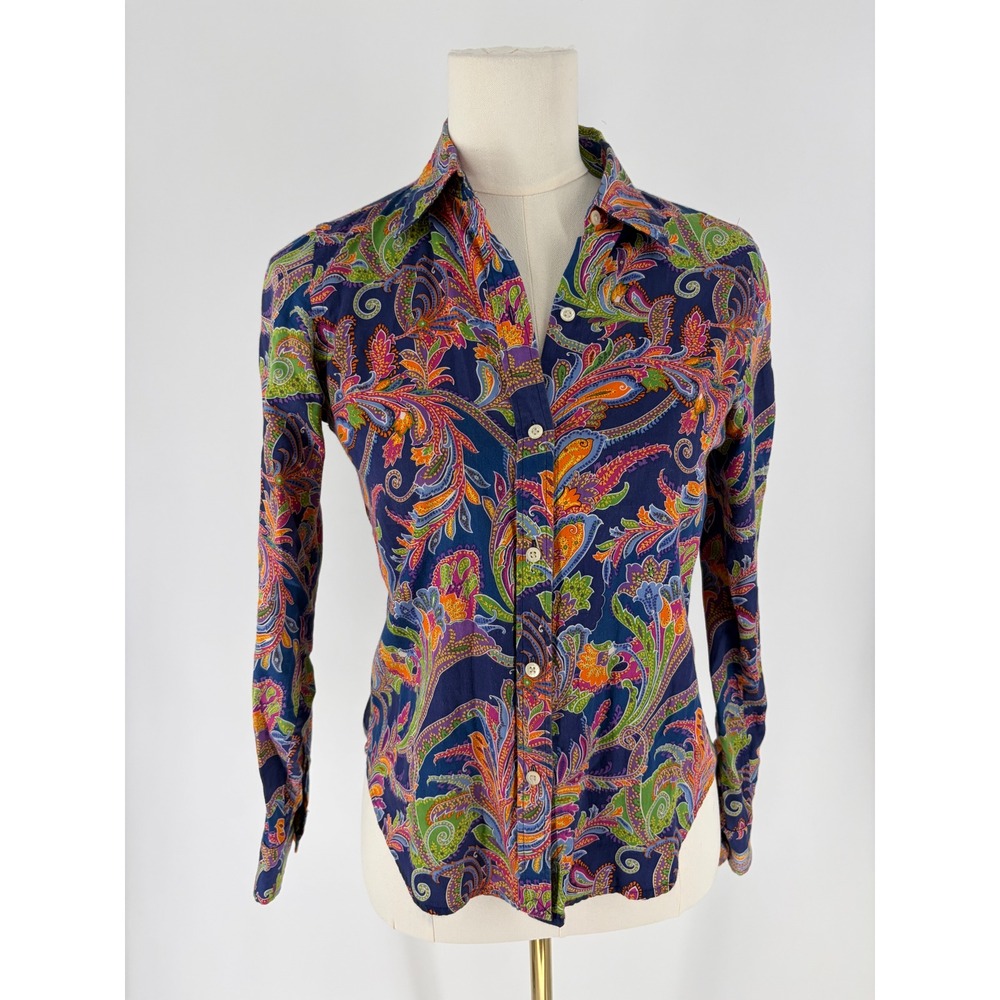 Lauren Ralph Lauren Petite Paisley Cotton Button Down Shirt Navy Multi P/P